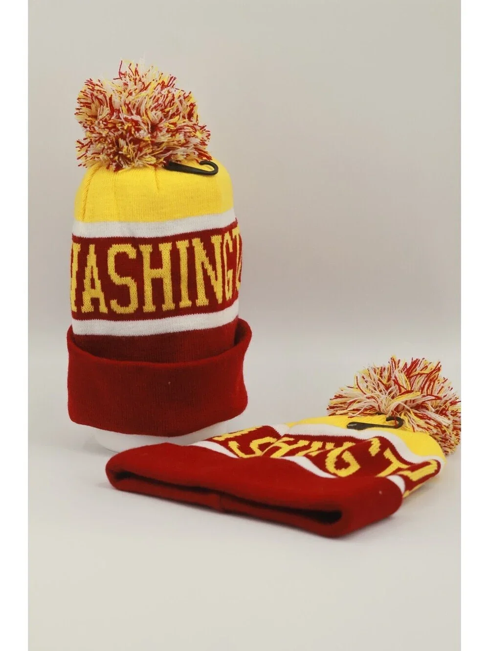 2Pk Washington Burgundy Gold Knit Pom Pom Beanie Hat Cuffed Winter Acrylic Adult